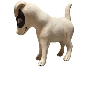 Unbranded Hand Carved Wooden Dog Figurine Cream Black Eye Patch Folk Art Decor